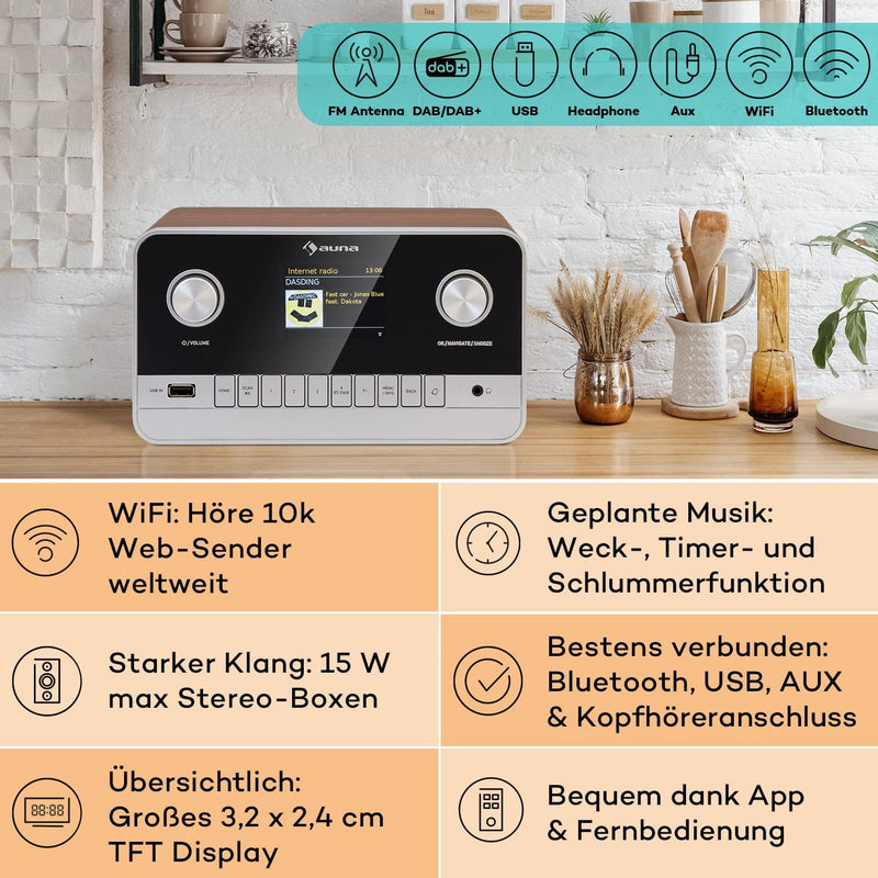 Auna Radio für Küche & Bad, Aufladbares DAB-Radio, DAB Plus Radio mit Bluetooth, Radio Batteriebetri