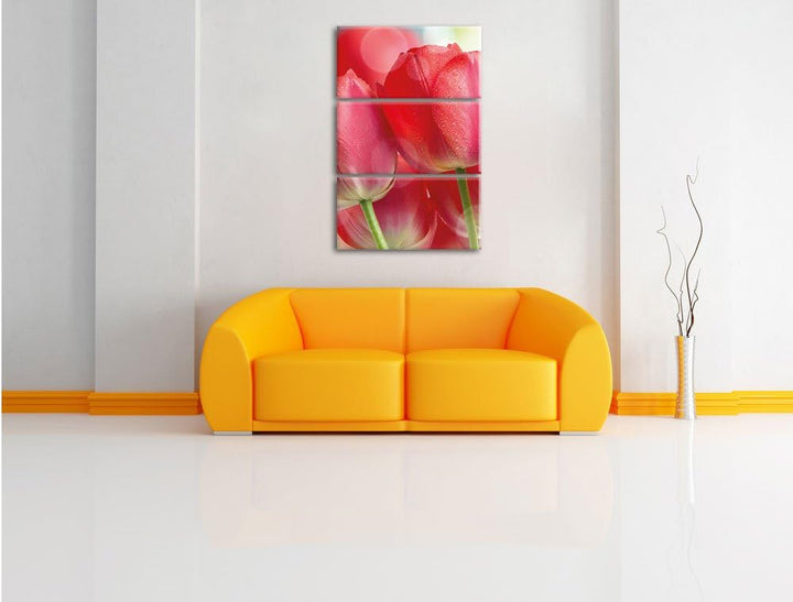 Pixxprint Rote Tulpen als Leinwandbild - Grösse: 3-Teilig (120x80cm) - Wandbild - Kunstdruck - ferti