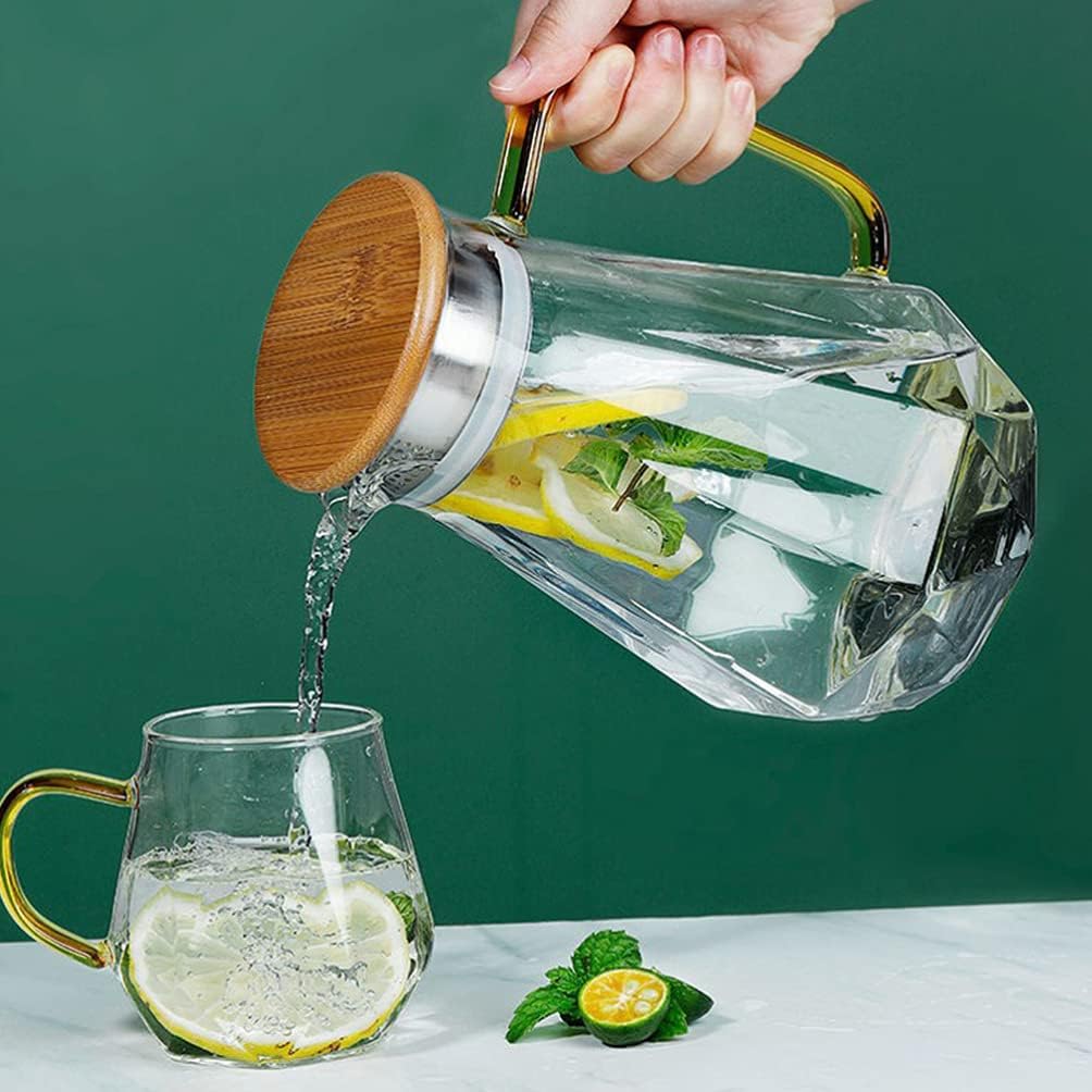 HEMOTON 2. 2L Glaskanne mit Holz Deckel Borosilikatglas Krug Eistee Kanne Glas Saftkrug Glaskrug Was