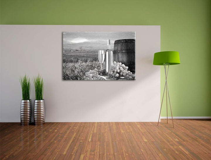Pixxprint Weinreben mit Weinflasche und Fass als Leinwandbild/Grösse: 100x70 cm/Wandbild/Kunstdruck/