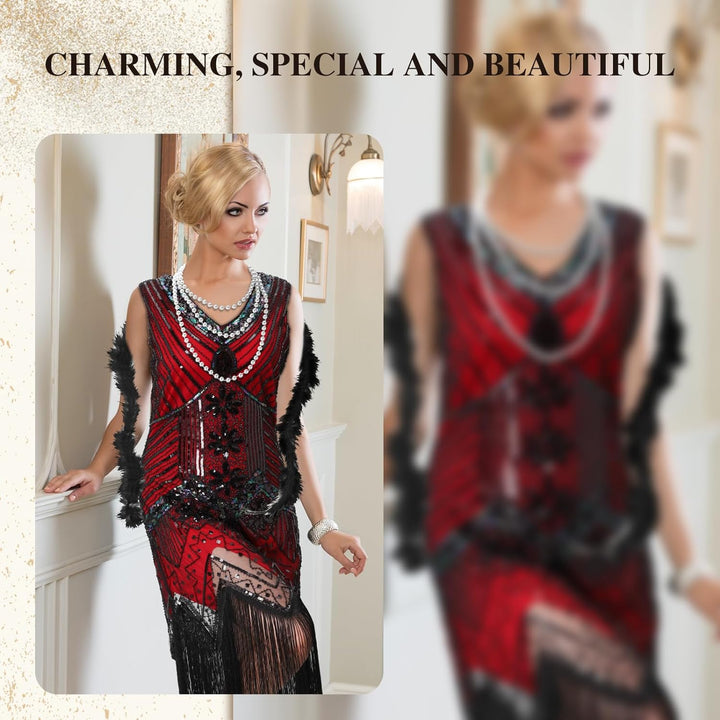 Blulu 9 Stück 1920er Jahre Damen Flapper Kleid Kostüm Set V Ausschnitt Pailletten Perlen Swing Frans