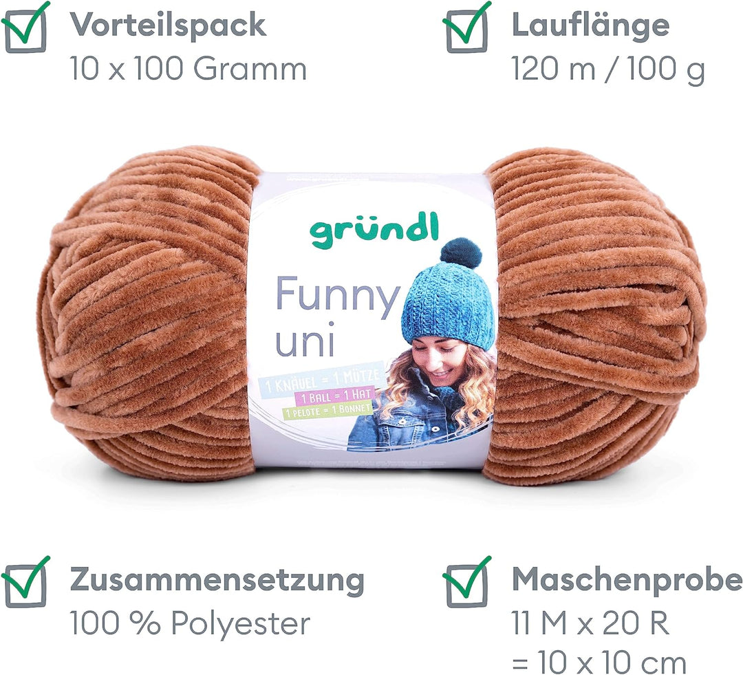 Gründl Funny uni Strick- & Häkelgarn (samtartiges Chenille-Garn aus 100% Polyester, 100 g / 120 m, N