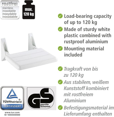 WENKO Duschklappsitz Secura - Duschsitz zum Klappen, 120 kg Tragkraft, Kunststoff (ABS), 35 x 19 x 3
