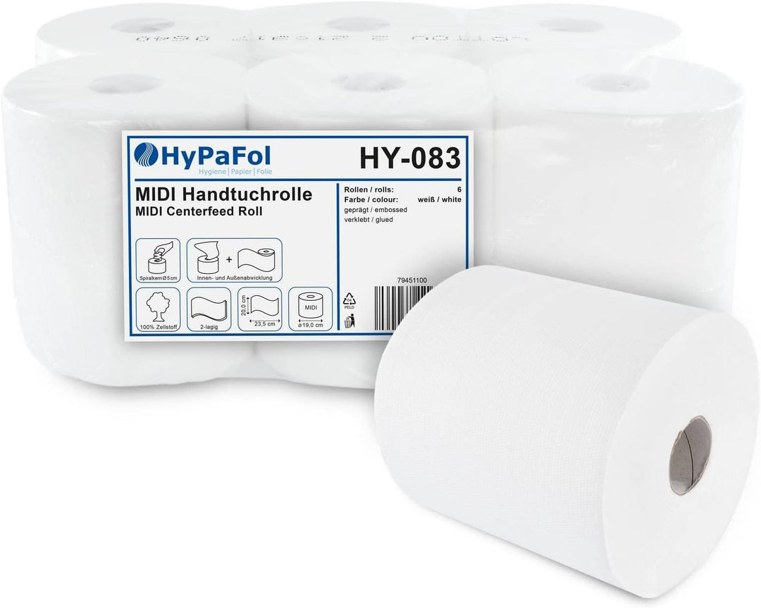 Hypafol Handtuchrolle aus Zellstoff | 2-lagig, 6 Rollen, hochweiss,20 x 23,5 cm, Ø19 cm |mit bequeme