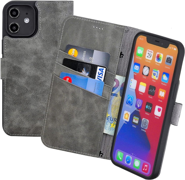 Suncase Book-Style Hülle kompatibel mit iPhone 12 Mini (5.4") Leder Tasche (Slim-Fit) Lederhülle Han