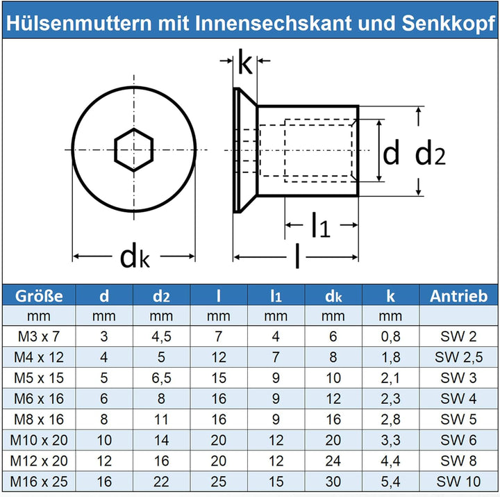 Eisenwaren2000 | M8 x 16 mm Hülsenmuttern mit Senkkopf und Innensechskant (50 Stück) - Edelstahl A1