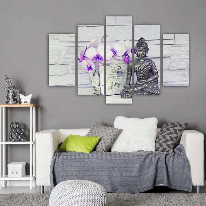 Feeby Deco Bild 5 Teilig Buddha Wanddekoration Blumen Statue Meditation violett 200x100 cm Deco pane
