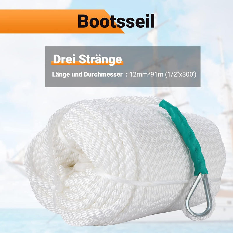 CarBole Tauwerk für Boote,Bootsseil,Nylon Seil,1/2"x300&