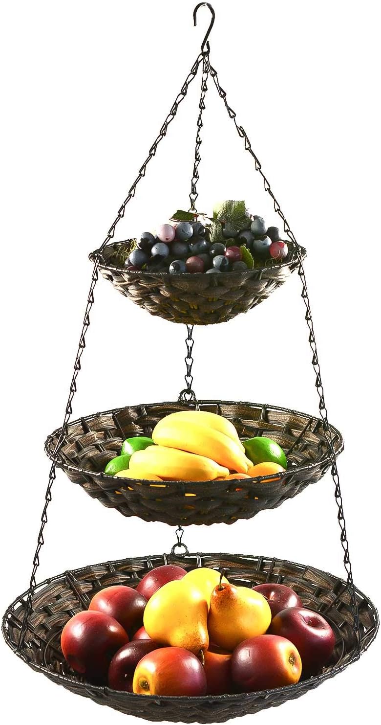 Hänge-Etagere 3 Etagen Hängekorb Hängeampel Obstkorb Gemüse-Ampel Korb z. Hängen, Farbe:Brauntöne, B