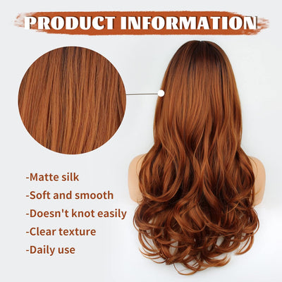 FAELBATY Perücke mit langen Locken Orange Pony Perücke Ombre braun bis orange Perücke für Frauen Per