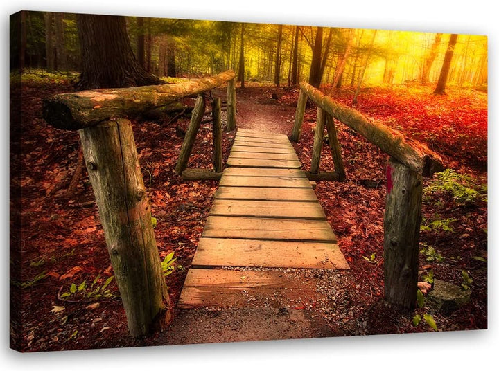 Feeby Vlies Leinwandbild Wald Sonnenuntergang Hölzerne Fussgängerbrücke 90x60 cm Druckbild Wandbild