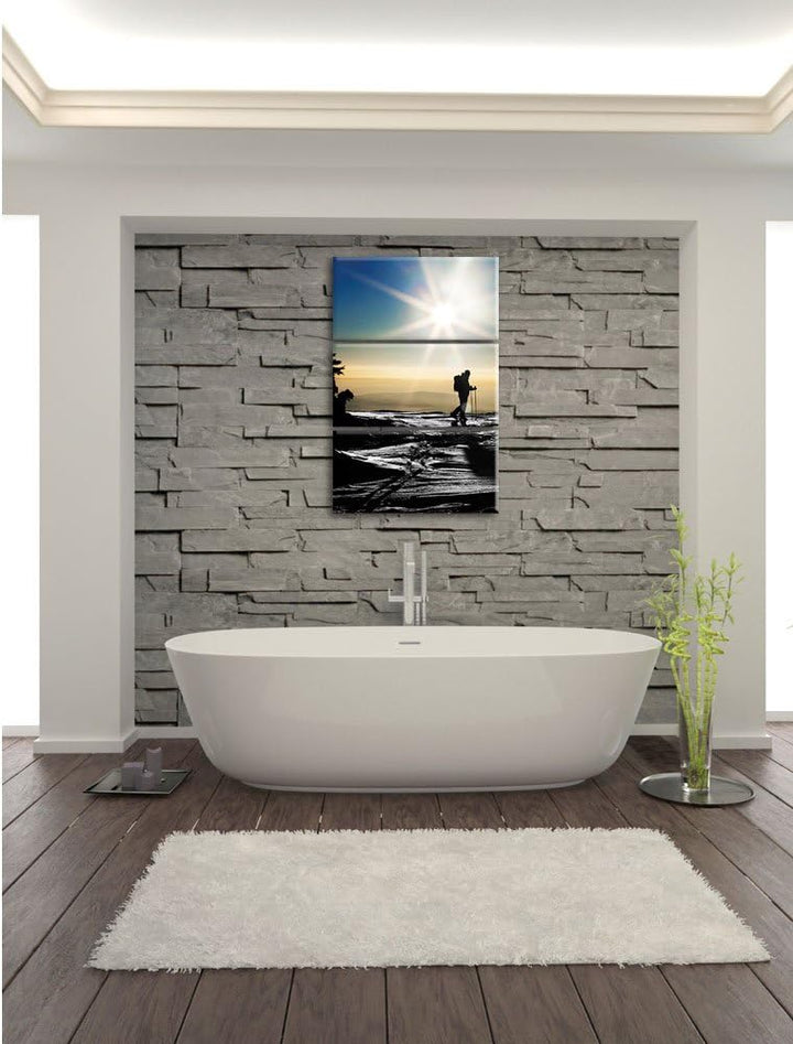 Pixxprint Ski Langläufer auf Berg schwarz/weiss 3-Teiler Leinwandbild 120x80 Bild auf Leinwand