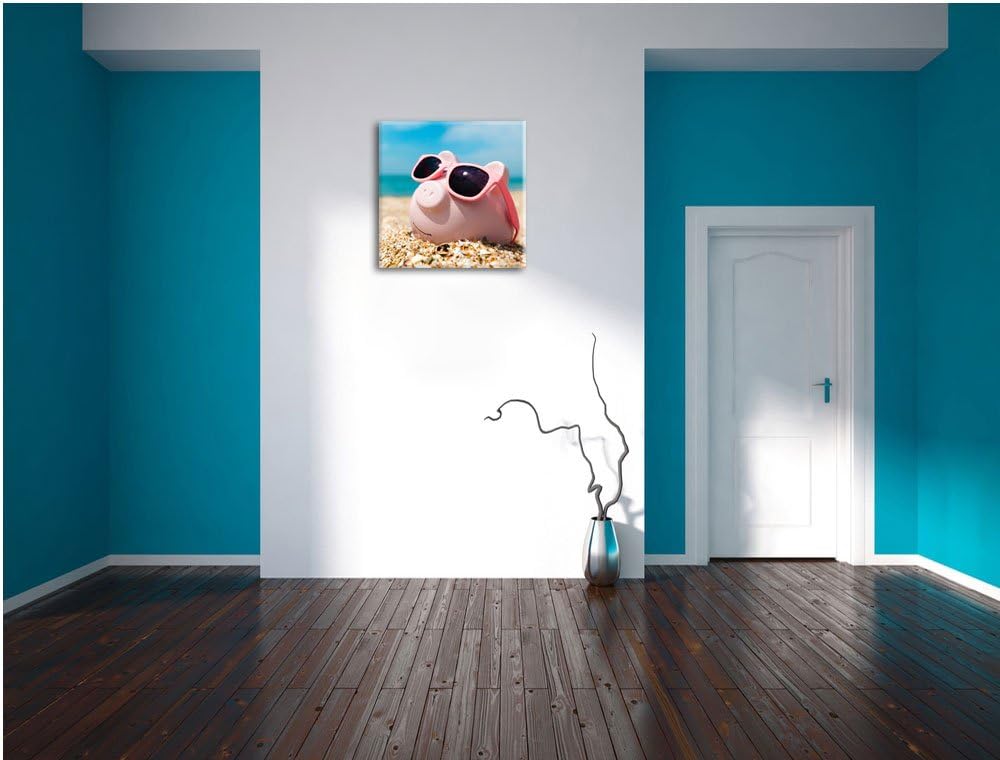 Schweinchen am Strand, Format: 70x70 auf Leinwand, XXL riesige Bilder fertig gerahmt mit Keilrahmen,