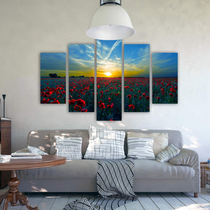 Feeby Bilder Mohnblumen 150x100 cm - Leinwandbild 5 Teilig XXL Kunstdruck Wiese blau Leinwandbild XX