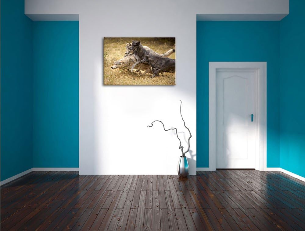 Tobendes Wolfsrudel, Format: 100x70 auf Leinwand, XXL riesige Bilder fertig gerahmt mit Keilrahmen,