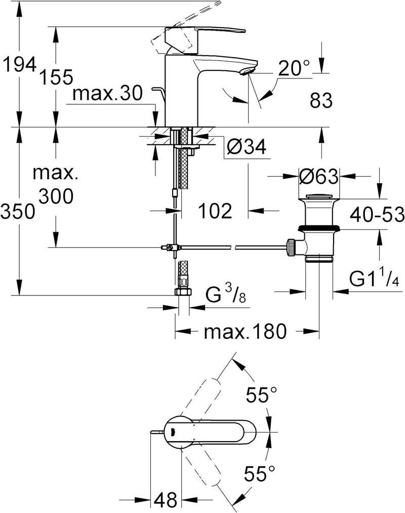 GROHE Wave Cosmopolitan - Einhand-Waschtischarmatur (energiesparend, Einlochmontage, S-Size), chrom,