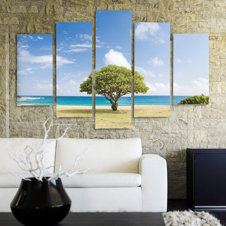 Bilder 5 Teilig Landschaft Deco Panel Kunst Baum Strand See Himmel blau 100x70 cm Deco panel 100x70
