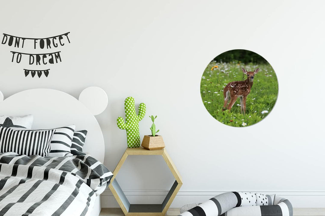 MuchoWow Wandbild Rund Wanddeko Deko Wohnzimmer Bilder 30x30 cm Hirsche - Blumen - Wald, 30x30 cm