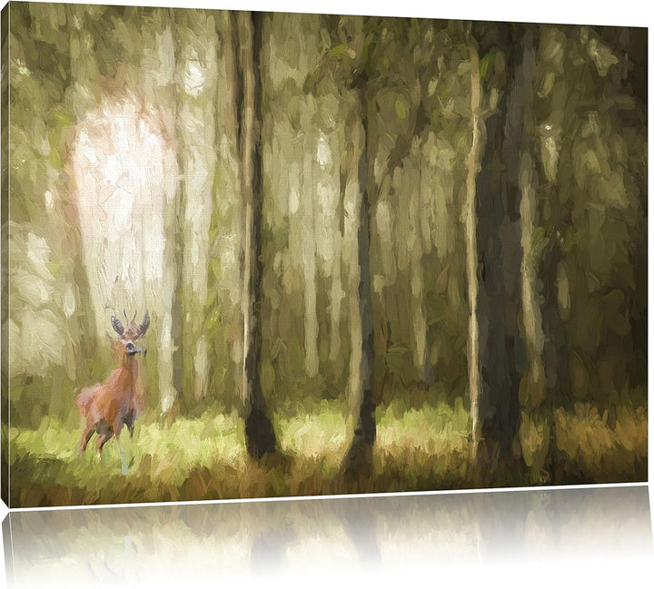 Pixxprint Einsamer Hirsch im tiefen Wald Kunst Pinsel Effekt, Format: 100x70 auf Leinwand, 100x70
