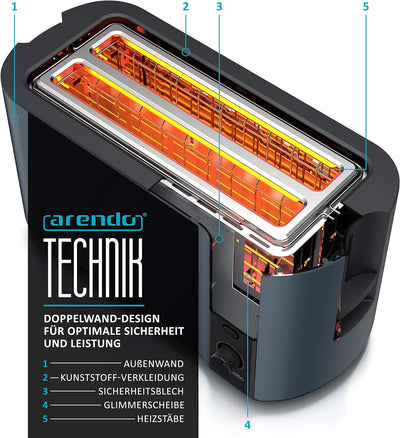 Arendo - Edelstahl Toaster Langschlitz 4 Scheiben - Defrost Funktion - wärmeisolierendes Gehäuse - m
