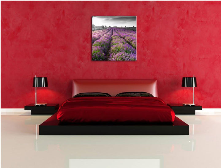 Pixxprint Lavendelfelder in der Provence schwarz/weiss, Format: 70x70 auf Leinwand, 70x70