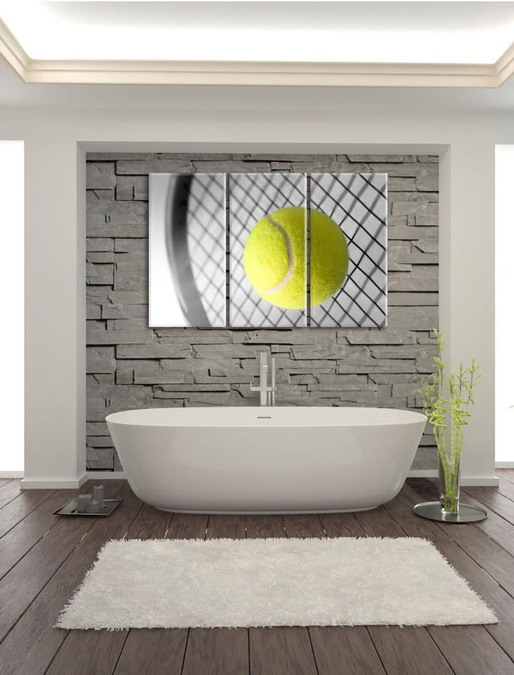 Pixxprint Tennisschläger mit Tennisball Schwarz/Weiss 3-Teiler Leinwandbild 120x80 Bild auf Leinwand