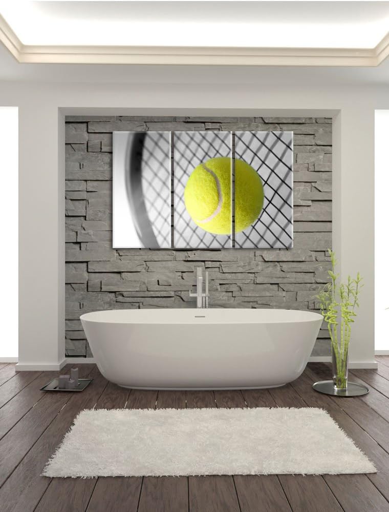 Pixxprint Tennisschläger mit Tennisball Schwarz/Weiss 3-Teiler Leinwandbild 120x80 Bild auf Leinwand