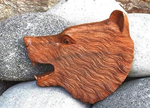 Windalf Handarbeit Holzskulptur ROBIN 24 cm Bärenkopf links schauend Krafttier Bär Wandkunst Wandfig