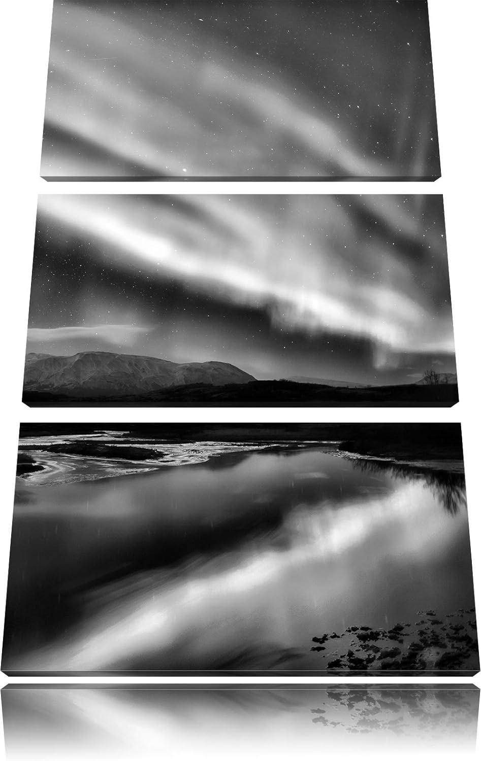 Pixxprint Monocrome, Polarlichter in Skandinavien 3-Teiler Leinwandbild 120x80 Bild auf Leinwand