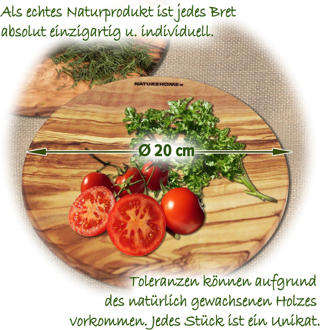 NATUREHOME Olivenholz Schneidebrett 20cm Rund - antibakterielles und antiseptisches Holzschneidebret
