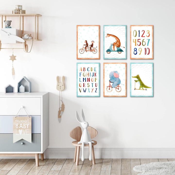 Novart Wandbilder Set - KOMPLETT AUFHÄNGFERTIG - Made in Germany - Moderne Bilder Tiere ABC Kinderzi