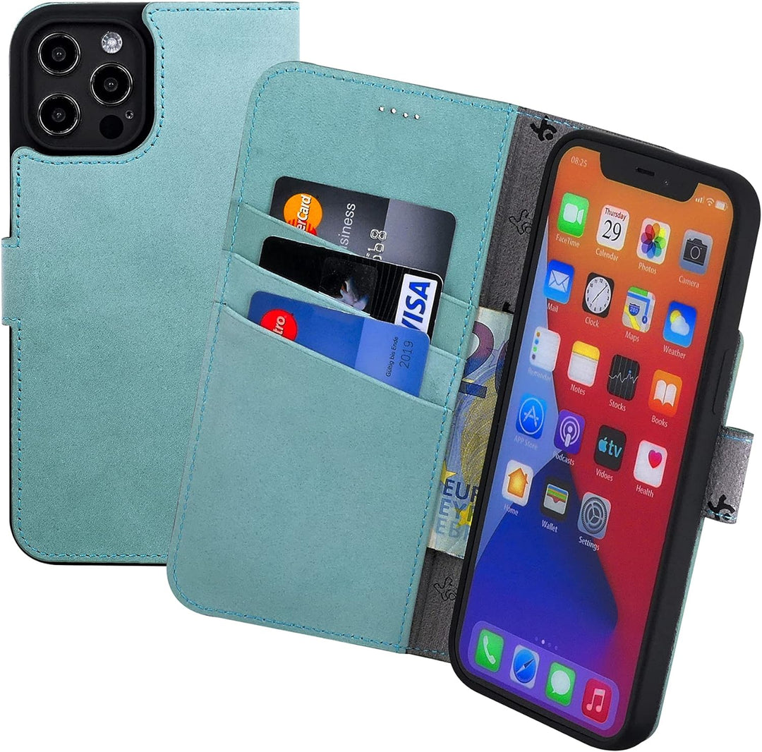 Suncase Book-Style Hülle kompatibel mit iPhone 12 Pro (6.1") Leder Tasche (Slim-Fit) Lederhülle Hand