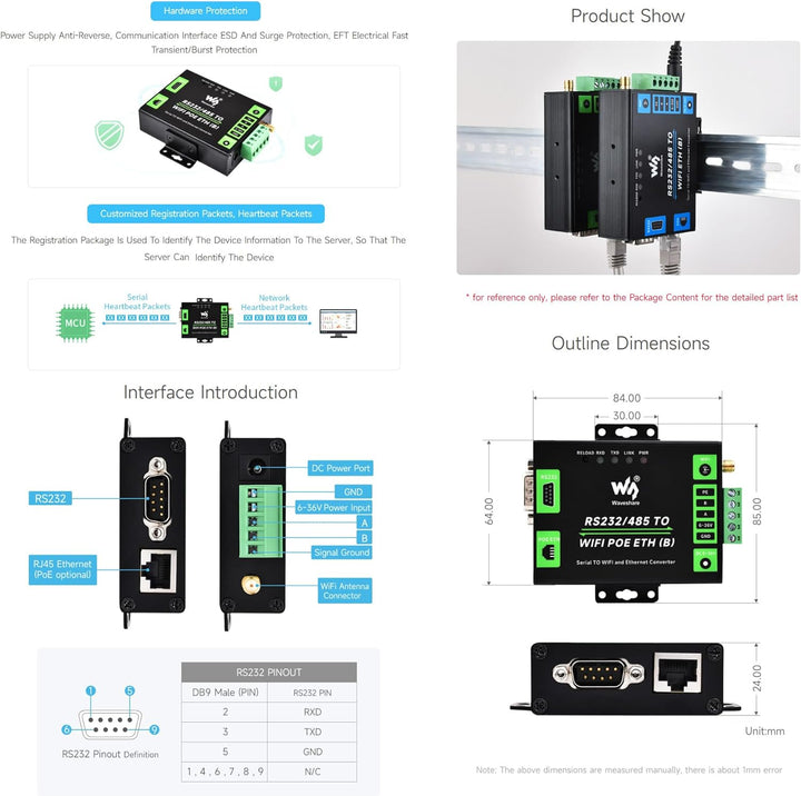 Waveshare Industrial Grade Serial Server RS232/485 to WiFi and Ethernet, Modbus Gateway, MQTT Gatewa