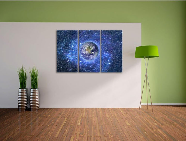 Pixxprint Planet Erde im Weltraum / 3-Teilig/Gesamtmass 120cm Leinwandbild bespannt auf Holzrahmen/W