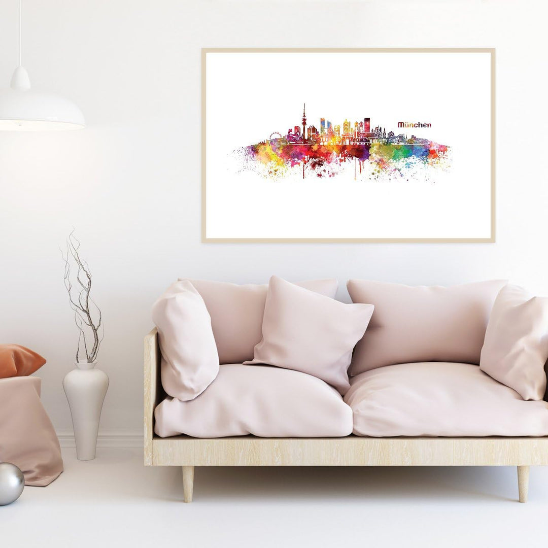 JUNIWORDS Poster mit/ohne Holzrahmen, Wähle ein Motiv, Aquarell Skyline München, Wähle eine Grösse,