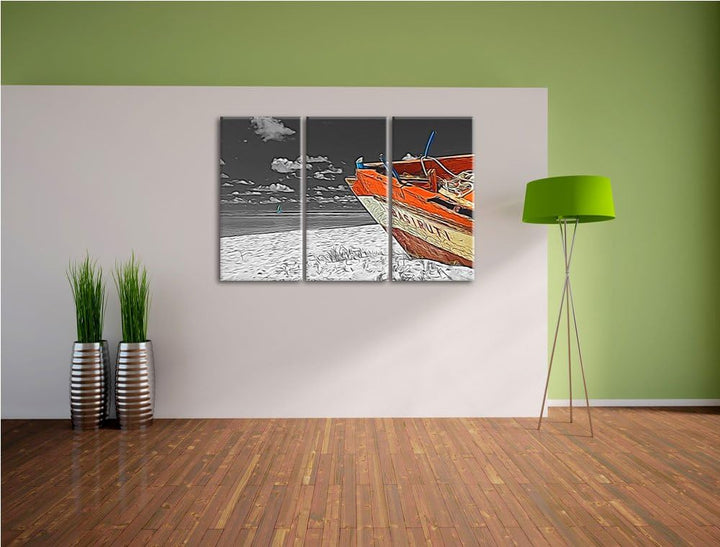beeindruckendes Boot am Strand schwarz/weiss Deluxe 3-Teiler Leinwandbild 120x80 Bild auf Leinwand,