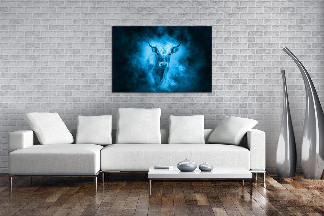 deyoli Dark Sternzeichen Stier Format 80x60 Effekt: Monocrome Blau als Leinwandbild, Motiv fertig ge