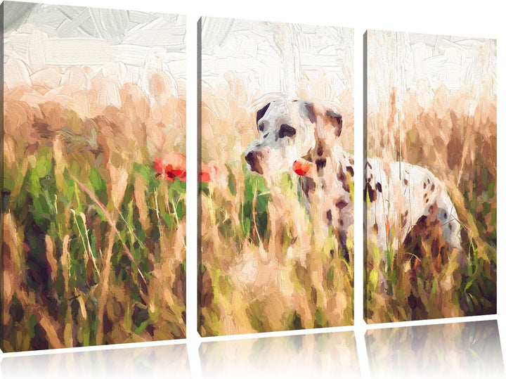Pixxprint Neugieriger Hund im Feld Kunst / 3-Teilig/Gesamtmass 120cm Leinwandbild bespannt auf Holzr