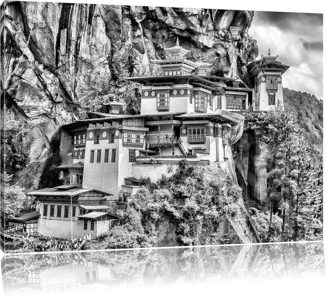 Pixxprint Chinesische Festung im Berg / 100x70cm Leinwandbild bespannt auf Holzrahmen/Wandbild Kunst