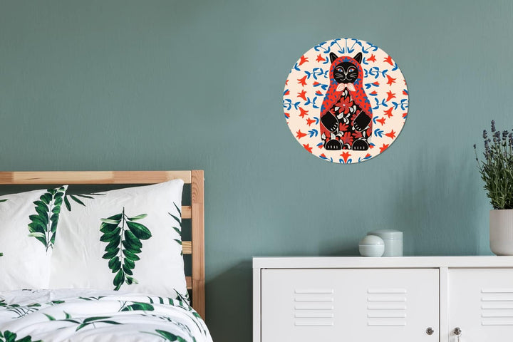MuchoWow Wandbild Rund Wanddeko Deko Wohnzimmer Bilder 30x30 cm Matrjoschka - Blumen - Katze, 30x30