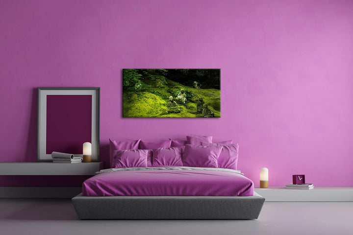 mit Moos bedeckte Buddha-Statuen Panorama 80x40 cm als Leinwandbild, Motiv fertig gerahmt auf Echtho