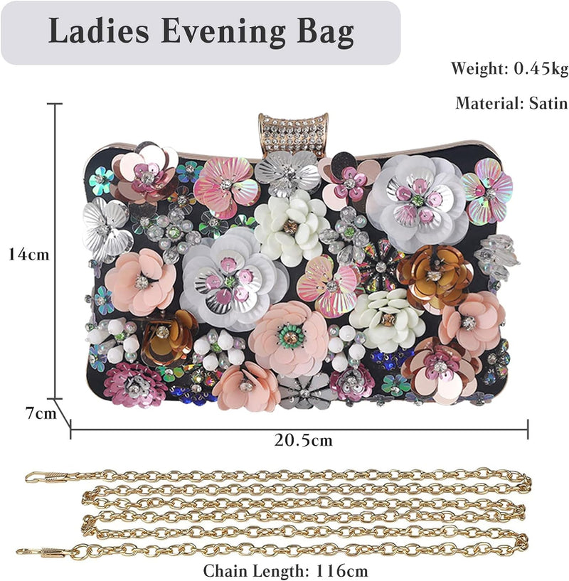 CORIOS Damen Blumen Abendtasche Shiny Strass Clutch Tasche Hochzeit Bag Kette Handtasche Elegante Sc