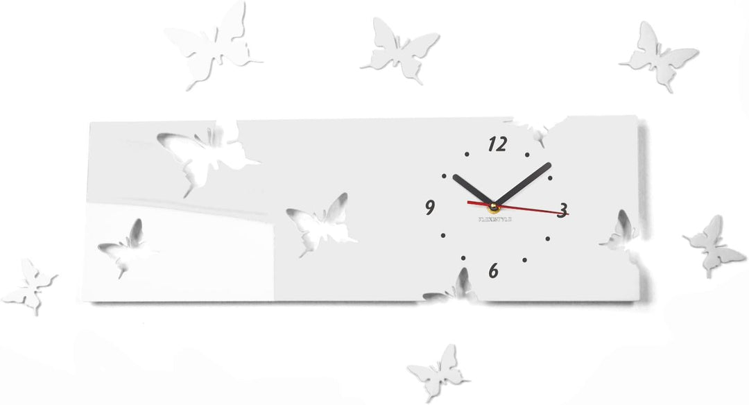 FLEXISTYLE Grosse Moderne Wanduhr Schmetterling Weiss Querformat 20 x 60 cm, 3D DIY, Wohnzimmer, Sch