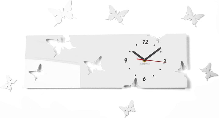 FLEXISTYLE Grosse Moderne Wanduhr Schmetterling Weiss Querformat 20 x 60 cm, 3D DIY, Wohnzimmer, Sch