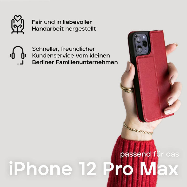 WIIUKA Hülle für iPhone 12 Pro Max Lederhülle, Deutsches Premium Leder, mit Kartenfach, extra Dünn,