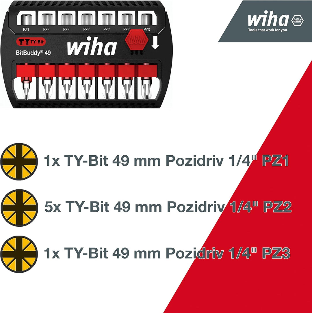 Wiha Bit Set BitBuddy 8-tlg. I TY-Bit 49 mm 1/4" E6,3 I Pozidriv I Zubehör für Schraubanwendungen I
