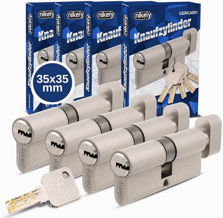 GERCAR Pro Knaufzylinder 35/35 Massiver Schliesszylinder gleichschliessend mit Knauf - 4er Set Zylin