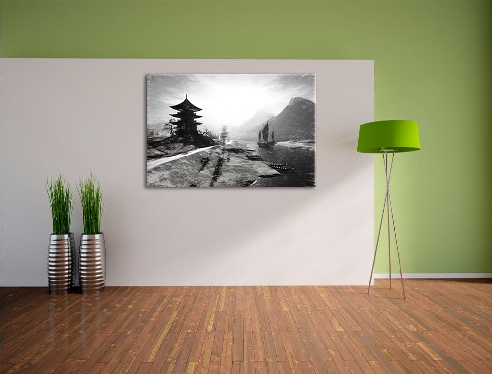 Pixxprint asiatischer Tempel an Fluss als Leinwandbild/Grösse: 100x70 cm/Wandbild/Kunstdruck/fertig