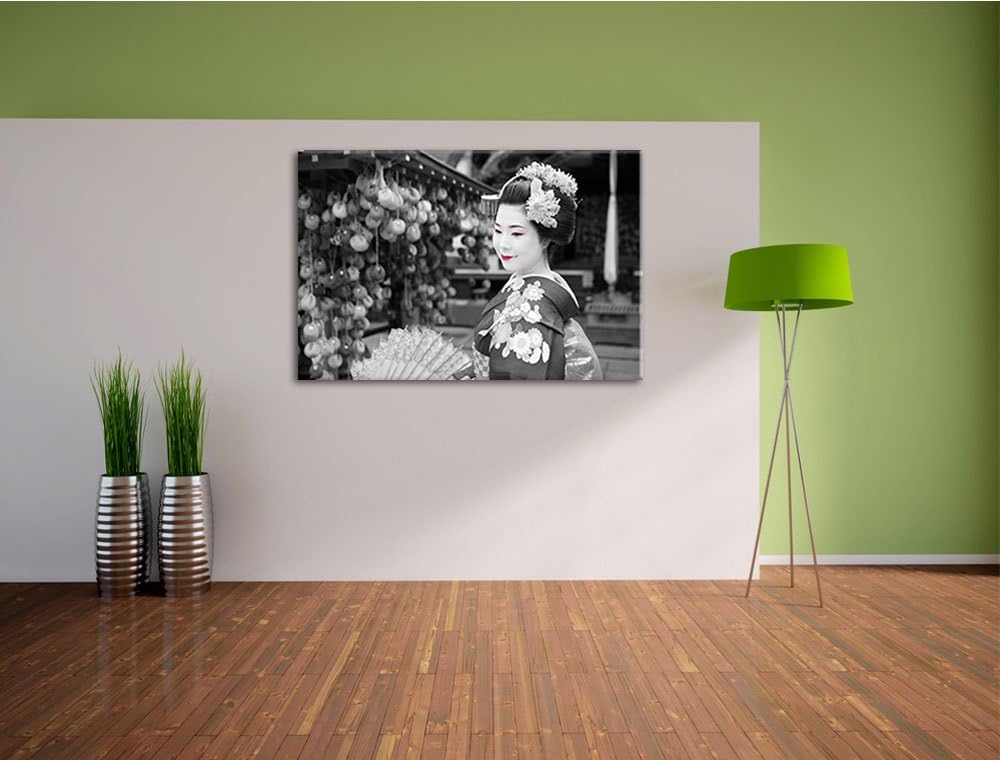 schöne Geisha mit Fächer schwarz/weiss Format: 100x70 auf Leinwand, XXL riesige Bilder fertig gerahm