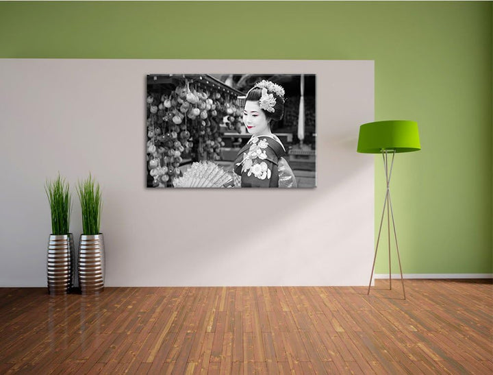schöne Geisha mit Fächer schwarz/weiss Format: 100x70 auf Leinwand, XXL riesige Bilder fertig gerahm
